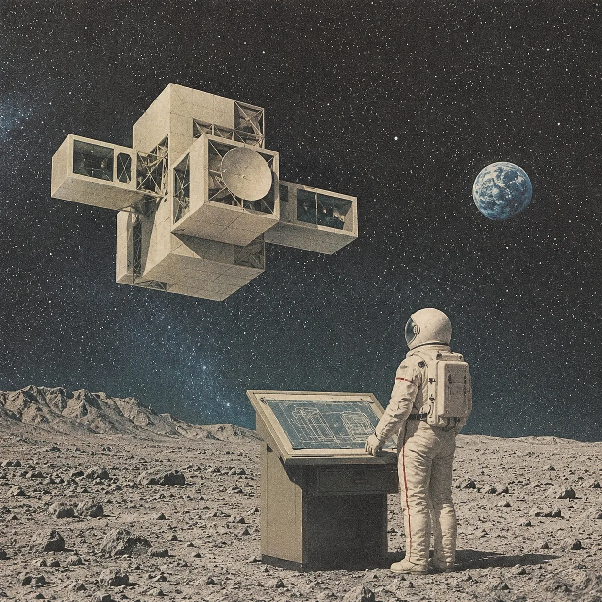 Cosmonauts building on the moon under a red sun